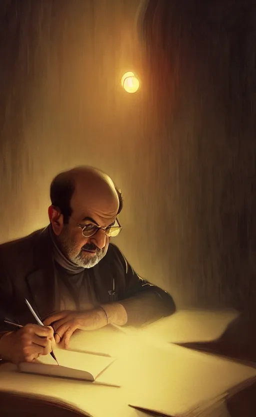 Image similar to portrait of salman rushdie writing in the dark, deep focus, blade runner 2 0 4 9, fantasy, intricate, elegant, highly detailed, digital painting, artstation, concept art, matte, sharp focus, illustration, art by artgerm and greg rutkowski and alphonse mucha