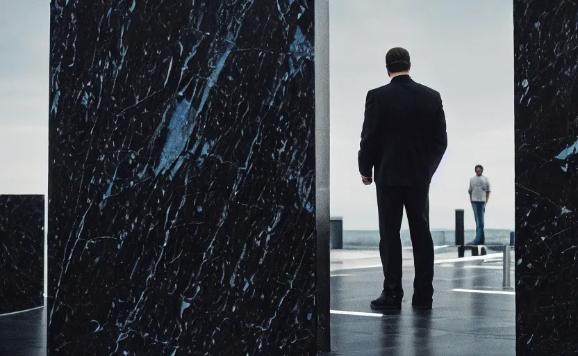 Image similar to cinestill 5 0 d candid photographic portrait by quentin tarantino of a black marble monument of ron desantis in the distance, extreme long wide shot, modern cyberpunk moody emotional cinematic, clear skies, 8 k, hd, high resolution, 3 5 mm, f / 3 2, ultra realistic faces, ex machina