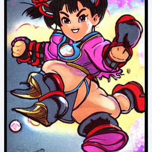 Image similar to chun li stomping a goomba with a pogo stick.