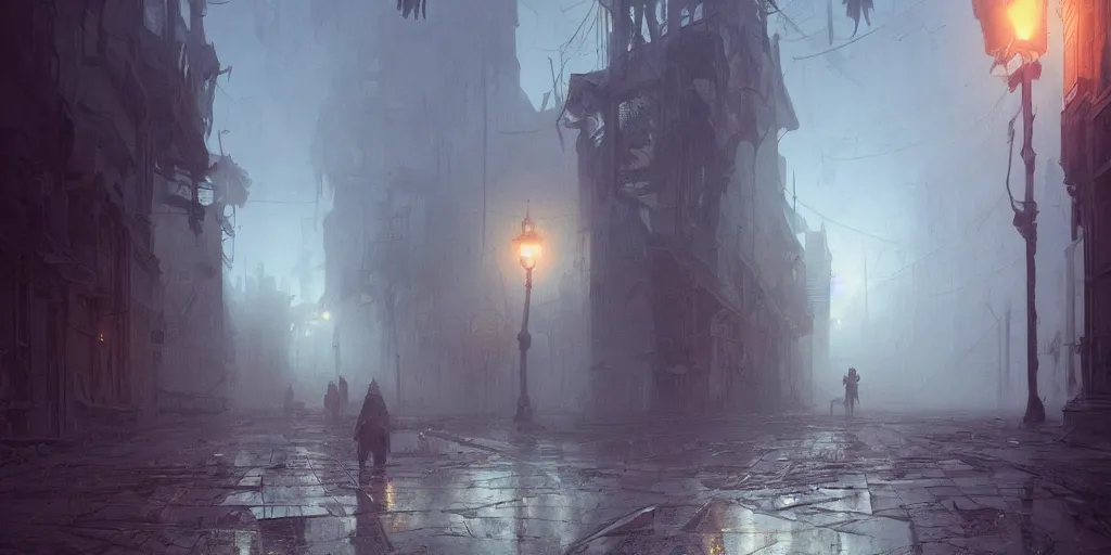 Image similar to A deserted street in a deserted decayed modern town, fog, dark fantasy, dystopia, intricate, highly detailed, digital painting, artstation, concept art, sharp focus, illustration, art by greg rutkowski and alphonse mucha