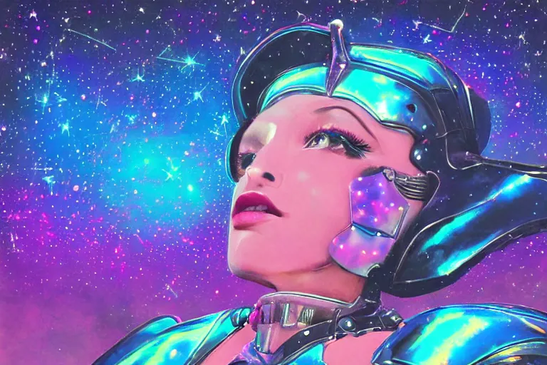 Image similar to digital art of a beautiful princess wearing suit of armor looking up at the stars, acrylic art, universe, painting, pastel colors, synthwave, retro, cyberpunk,