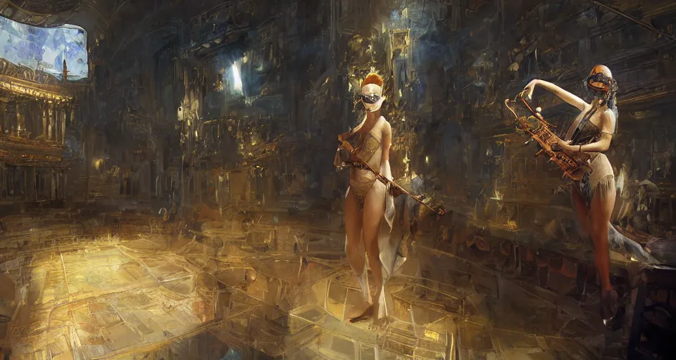 Image similar to craig mullins and ghibli digital art of inside the theater, on the stage, masked female violinists, solo ， exotic costumes, gold jewelry, black hair, realistic shading, cinematic composition, realistic render, octane render, detailed textures, photorealistic, wide shot