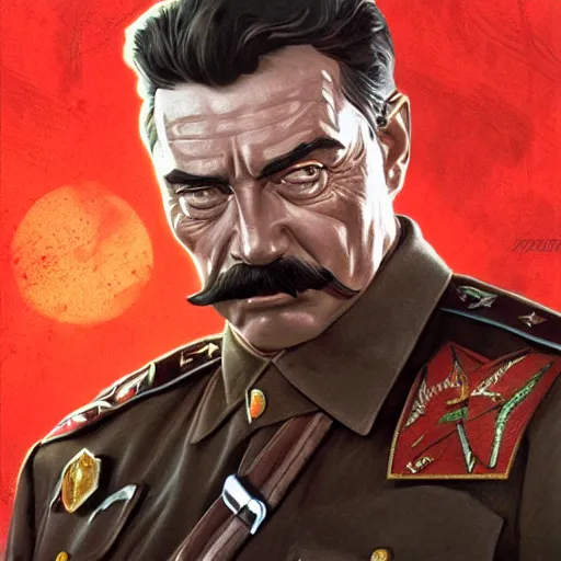 Image similar to joseph stalin as terminator, highly detailed, digital painting, artstation, concept art, matte, sharp focus, illustration, art by artgerm and greg rutkowski and alphonse mucha