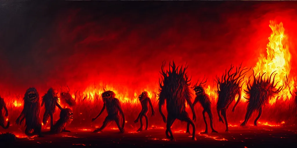 Image similar to repressed emotion creatures and monsters riot in a fiery wasteland, dramatic lighting glow from giant fire, attempting to escape to the surface and start a revolution, in a dark surreal painting by ronny khalil