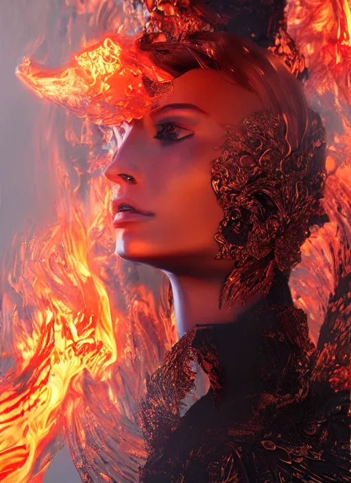 Image similar to sculpture made of flame, portrait, female, future, torch, fire, harper's bazaar, vogue, fashion magazine, intricate, concept art, close up, ornate, luxury, elite, elegant, trending on artstation, by ruan jia, by Kenneth Willardt, by ross tran, by WLOP, by Andrei Riabovitchev,