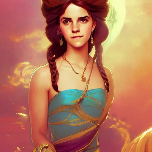 Image similar to !dream Emma Watson as princess jasmine in Aladdin, digital painting, artstation, concept art, sharp focus, illustration, art by greg rutkowski and alphonse mucha, highly detailed