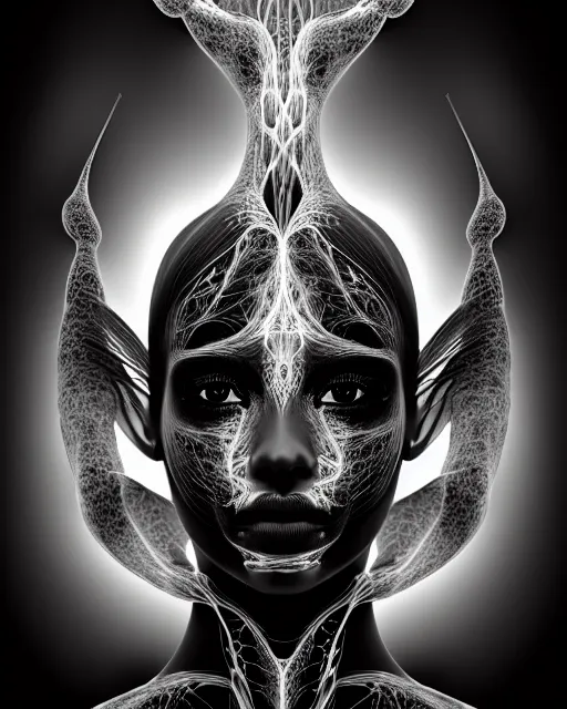 Image similar to a black and white 3D render of a beautiful portrait of a young female angelic-dragon-cyborg face with a very long neck, 150 mm, orchids, Mandelbrot fractal, anatomical, flesh, facial muscles, veins, arteries, full frame, microscopic, elegant, highly detailed, flesh ornate, elegant, high fashion, rim light, ray trace, octane render in the style of H.R. Giger and Man Ray, Realistic, Refined, Digital Art, Highly Detailed, Cinematic Lighting, rim light, black and white, photo-realistic Unreal Engine, 8K