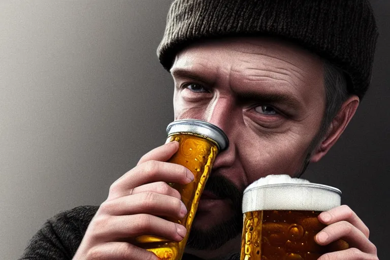 Image similar to portrait of Man drinking beer from steel can, elegant, highly detailed, smooth, photoreal, sharp focus, illustration, beautiful, geometric, dmt trending on artstation, cinematic, artwork by WLOP