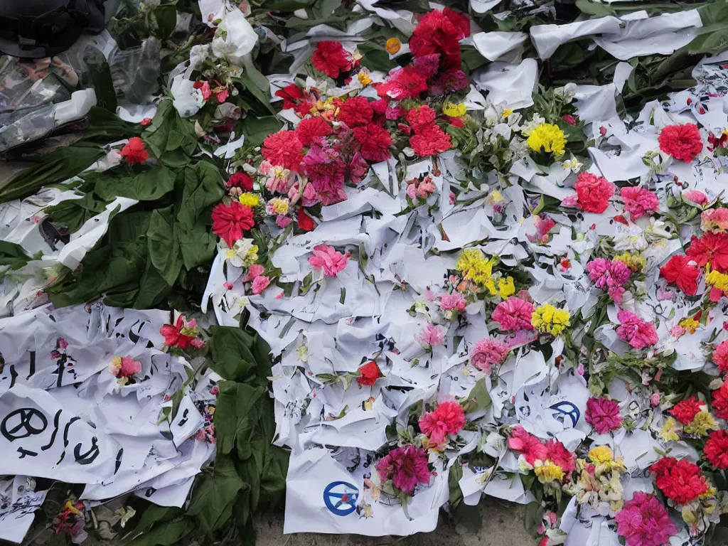 Image similar to military dictatorship with peace symbols, police state covered with flowers