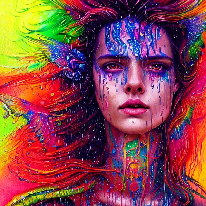 Image similar to bright psychedelic portrait with rain on face and wet hair, wings, smiling, diffuse lighting, fantasy, intricate, elegant, highly detailed, lifelike, photorealistic, digital painting, artstation, illustration, concept art, smooth, sharp focus, art by John Collier and Albert Aublet and Krenz Cushart and Artem Demura and Alphonse Mucha