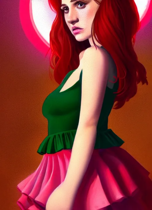 Image similar to full body portrait of teenage cheryl blossom, bangs, green eyes, sultry expression, red hair, sultry smirk, bangs and wavy hair, pink skirt, bangs, intricate, elegant, glowing lights, highly detailed, digital painting, artstation, concept art, smooth, sharp focus, illustration, art by wlop, mars ravelo and greg rutkowski