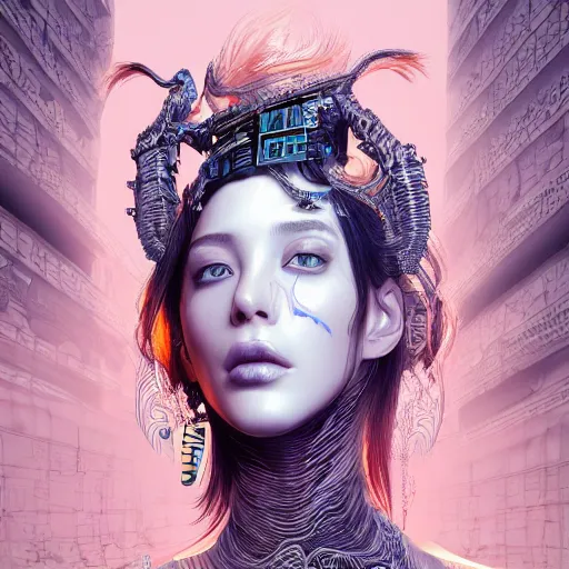 Image similar to the portrait of an absurdly beautiful, graceful, elegant, sophisticated, fashionable cyberpunk gravure idol, an ultrafine hyperdetailed illustration by kim jung gi, irakli nadar, vania zouravliov, intricate linework, bright colors, porcelain skin, unreal engine 5 highly rendered, global illumination, radiant light, detailed and intricate environment