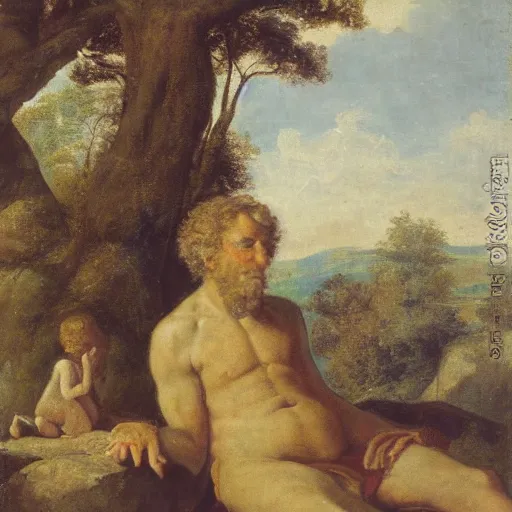 Prompt: painting of a thinking man sitting on a stone surrounded by nymphs