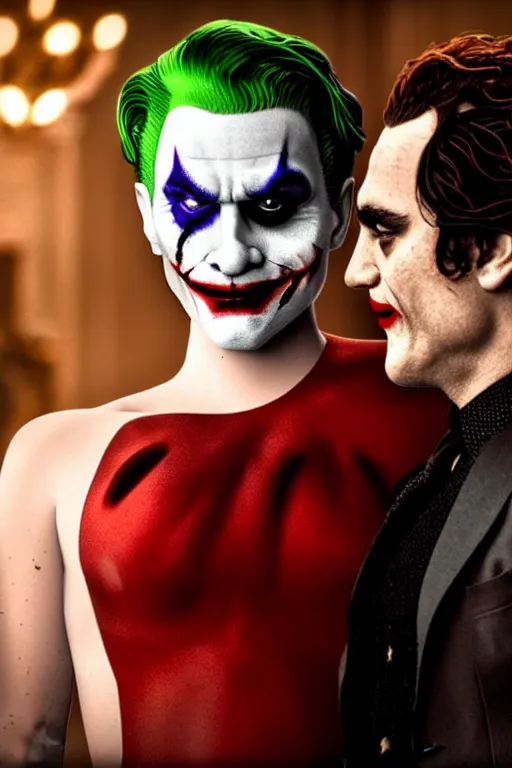 Image similar to joaquin phoenix joker with harley queen lady gaga, photorealistic, smooth, 4 k, aesthetic lighting, baroque object, sharp focus, hyperdetailed, professional photography, pullitzer winning, 8 0 0 photo by : canon eos 5 d mark iv, by karah mew and adnan abidi and jodie bateman