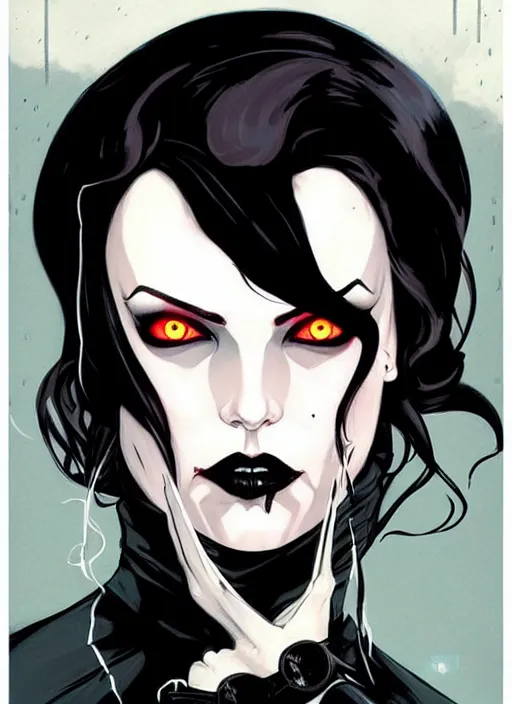 Image similar to Rafael Albuquerque comic art, Joshua Middleton comic art, scary Persian vampiress, modern, chic nyc streetwear, evil smile, symmetrical face, symmetrical eyes, dark clothing, long wavy black hair, full body::8 stormy weather::2 no long neck