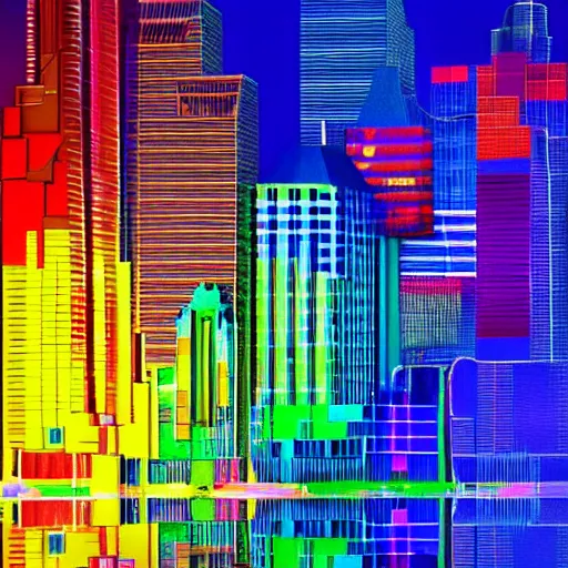 Prompt: a beautiful amazing art of a colorful cityscape resembling pixels reflected in a cube by tom haugomat, serena malyon, maxim shirkov, alex pogrebniak and robin gundersen, trending on artstation, featured on behance.