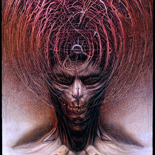 Image similar to Graphic Illustration of the anti-christ, Cyberpunk, Portrait, by Peter Gric, Zdzisław Beksiński