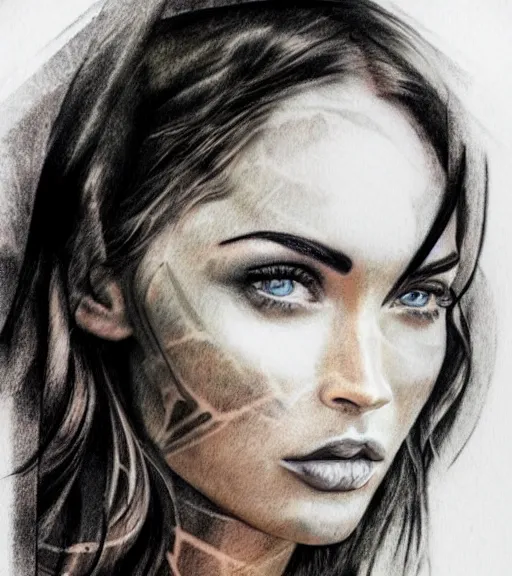 Prompt: realism tattoo sketch of a megan fox face in a double exposure effect with mountain scenery, in the style of matteo pasqualin, amazing detail, sharp, faded
