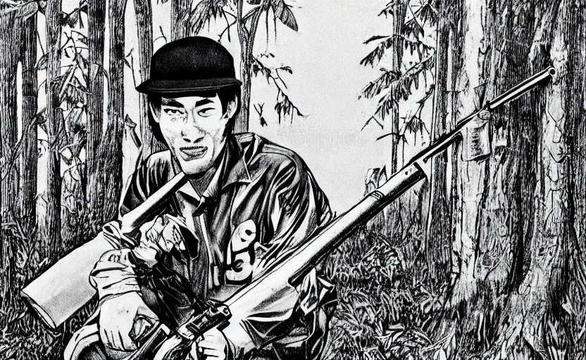 Prompt: 1 9 8 0 s japanese illustration of man with a baseball hat and a rifle, crouching through a lush old green forest, detailed illustration, tense atmosphere, 1 9 8 0 s stephen king,