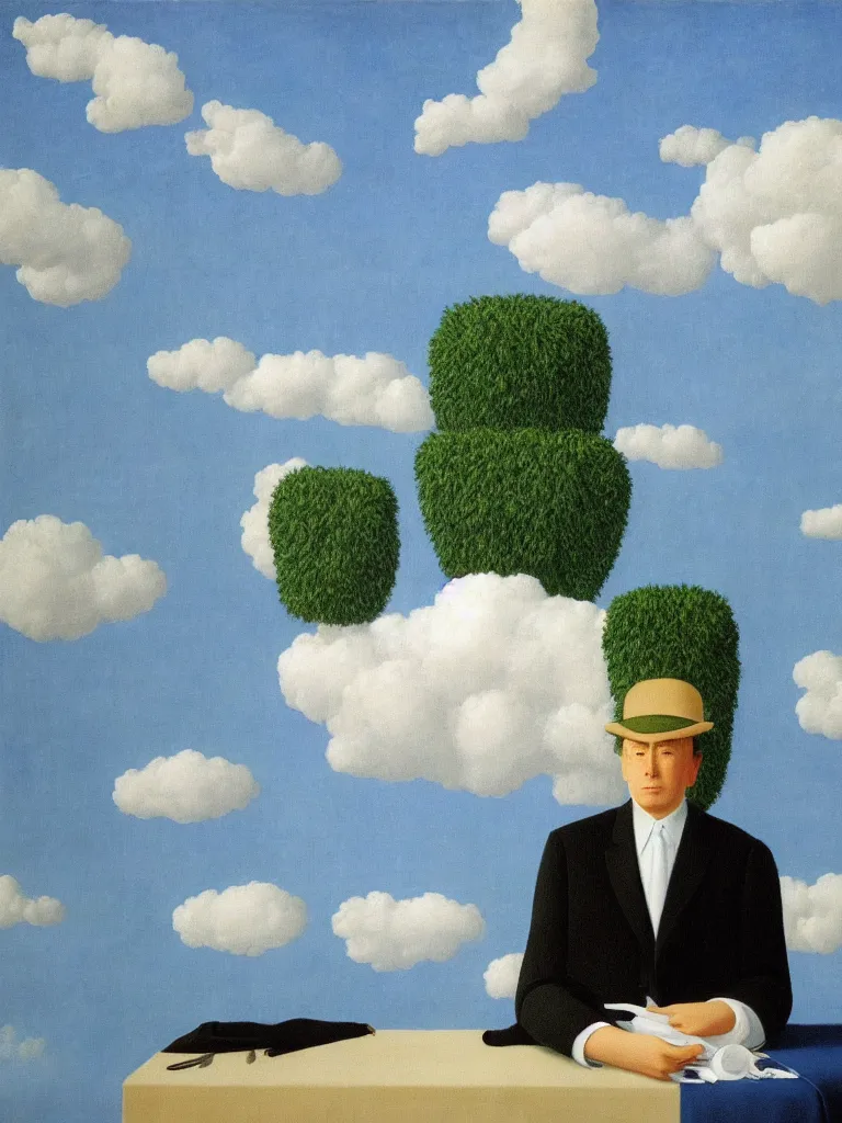 Image similar to curtains are clouds by rene magritte, detailed painting, hd, hq, high resolution, high detail, 4 k, 8 k