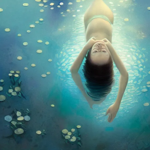 Prompt: Woman with light blue melancholic eyes submerged in a pond underwater while lily pads surround the area, illustrated by Greg Rutkowski and Gaston Bussiere, overhead shot, extreme closeup, serene and peaceful style, mellow sky blue lighting, vibrant neon colors, radiant atmosphere, trending on artstation, 4k, 8k