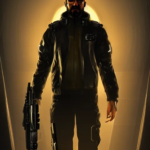 Image similar to Adam Jensen from Deus Ex as a GTA character, by Cedric Peyravernay, highly detailed, excellent composition, cinematic concept art, dramatic lighting, trending on ArtStation