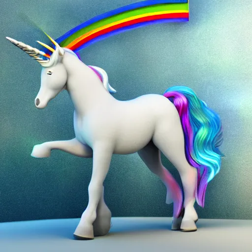 Prompt: whimsical luminescent detailed photo realistic 3d render of a white unicorn with long flowing rainbow colored mane