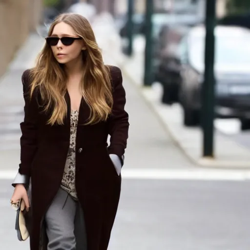 Image similar to portrait of elizabeth olsen walking down the street, trending on artisan, high quality