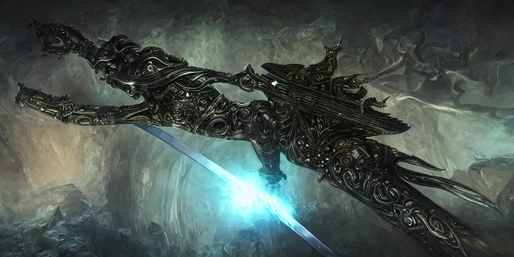 Image similar to legendary cybernetic full long sharp sword lying flat on a glowing table with a black and iridescent sword blade, digital award winning hd matte painting, intimate dark moody, intricate, ornate spikes, colorful gems on hilt, detailed realistic raytraced blade, future golden technological pommel, in the style of krenz cushart, deviantart