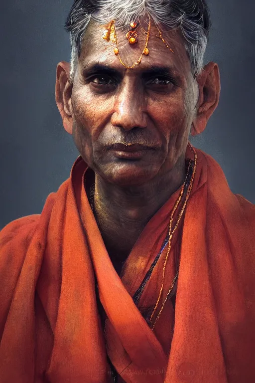 Image similar to hindu priest, close - up portrait, devoted, intricate, elegant, volumetric lighting, scenery, digital painting, highly detailed, artstation, sharp focus, illustration, concept art, ruan jia, steve mccurry