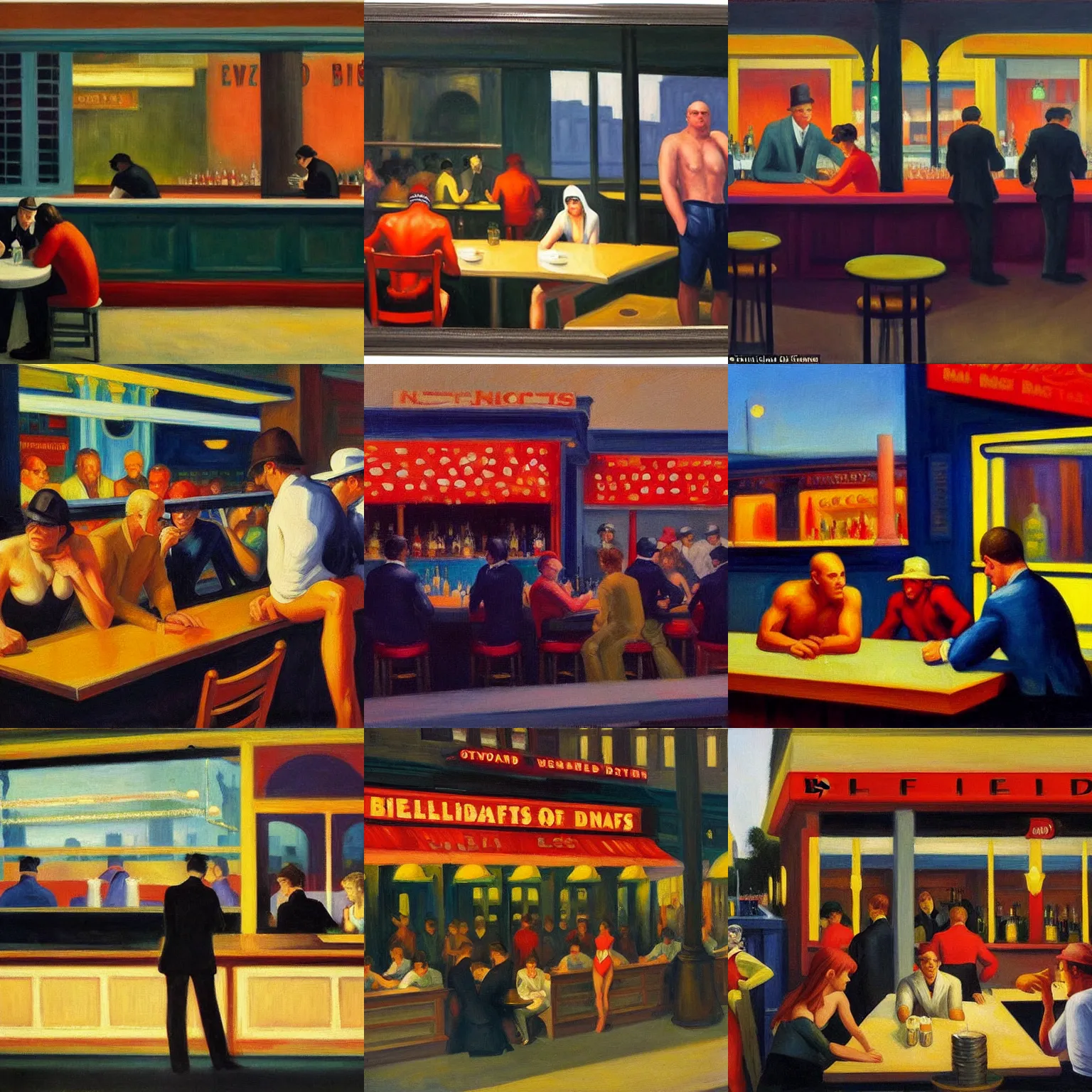 Prompt: An oil painting of Boulevard of Broken Dreams, by Edward Hopper, with WWF wrestlers from the 1980s sitting at a bar in a diner, distant perspective from far away outside, night time, dark