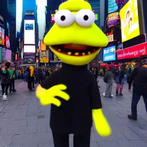 Prompt: yellow guy from dhmis in times square, photo