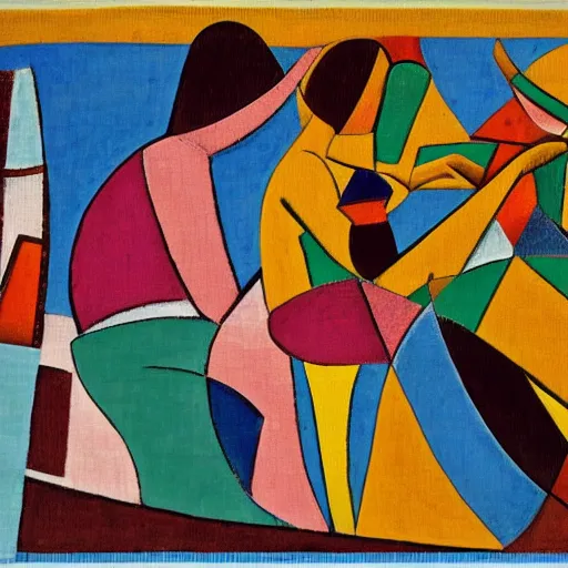 Prompt: the women sat by the seashore weaving the tapestry of life, abstract art in the style of cubism,