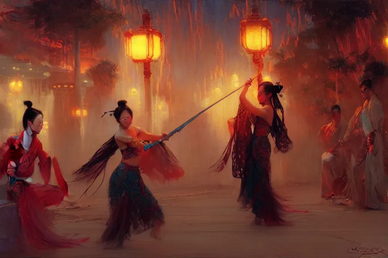 Image similar to wuxia, summer, neon light, painting by gaston bussiere, craig mullins, j. c. leyendecker