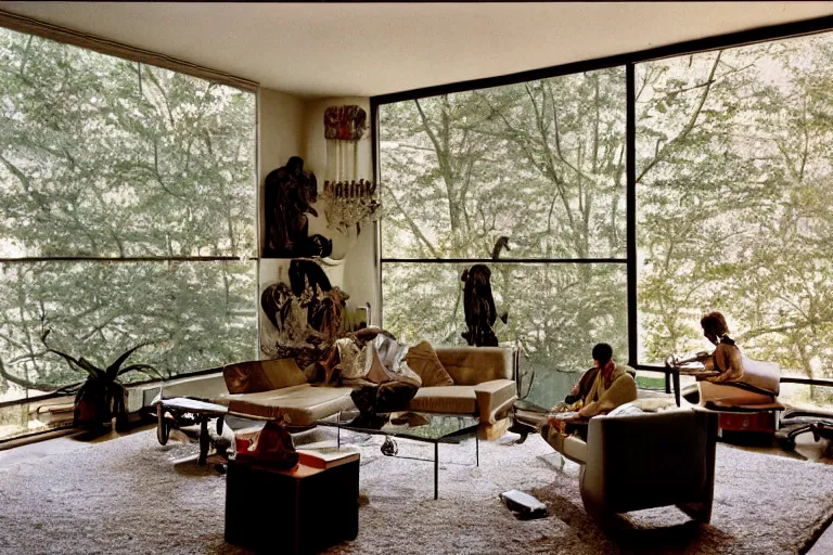 Prompt: photograph of sculpture radiating esoteric energy in modernist living room, crisp focus, highly detailed, in jeff wall style, 3 5 mm ektachrome