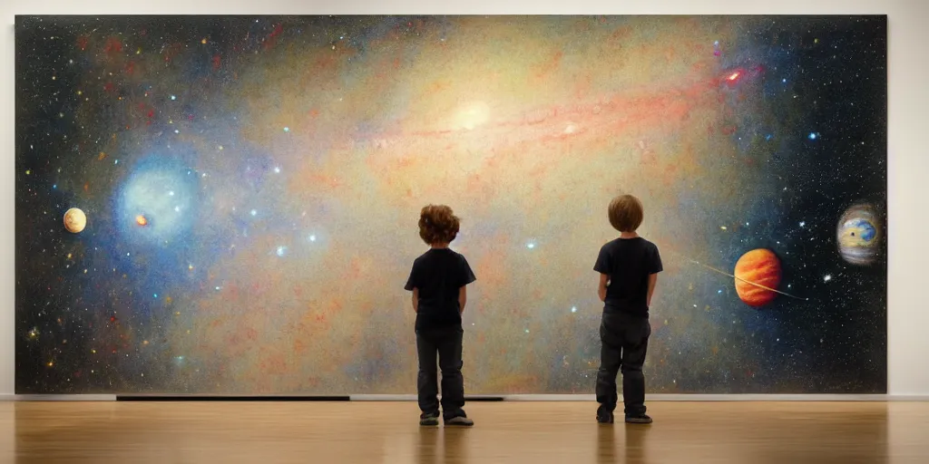 Image similar to one 5 year old boy and one 1 2 year old girl looking at the wall of their bedroom and seeing the universe full of galaxies and planets, imagination, part by norman rockwell, part by greg rutkowski, part by mattias adolfsson, high angle, ( ( ( ( volumetric lighting ) ) ) ), oil on canvas