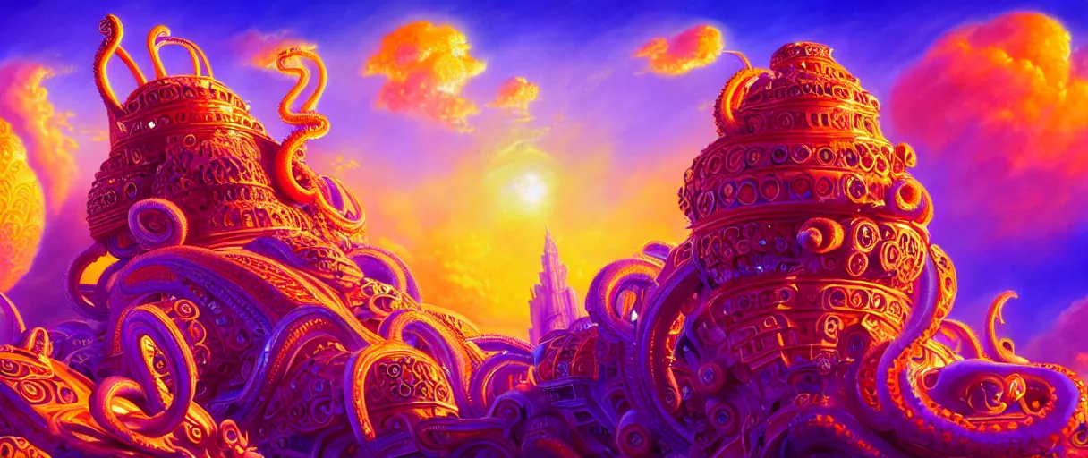 Prompt: hyper-ornate sky city built on giant orange and purple cyborg octopus puffy clouds matte painting concept art alex grey salvador dali cinematic soft orange lighting high angle hd 8k sharp shallow depth of field