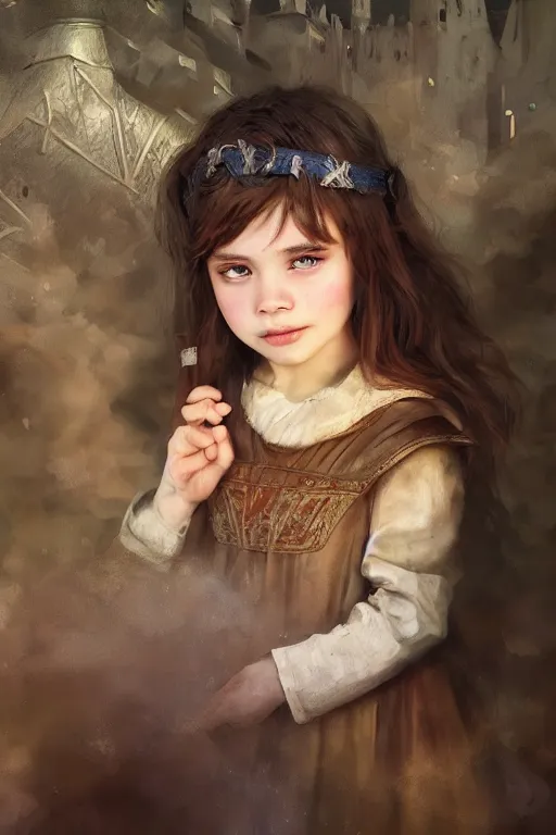 Image similar to medieval little girl, joyful, hope, dreaming, close - up portrait, intricate, elegant, volumetric lighting, scenery, digital painting, highly detailed, artstation, sharp focus, illustration, concept art, ruan jia, steve mccurry