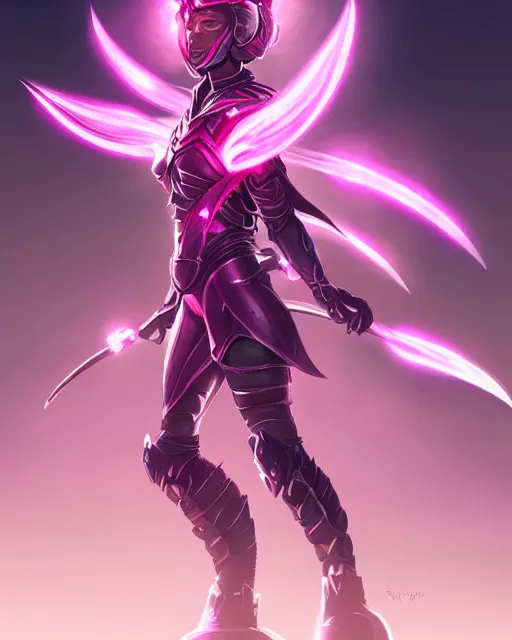 Image similar to concept art of a futuristic warrior, with large flower like spikes on her back, large pink glowing lights on her helmet, very sleek design, full body | | epic - fine - fine details by stanley artgerm lau, wlop, rossdraws, and sakimichan, trending on artstation, brush strokes