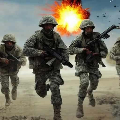 Image similar to hyper realism, realistic apocalyptic war scene, explosions, science - fiction soldiers running, bullet storm