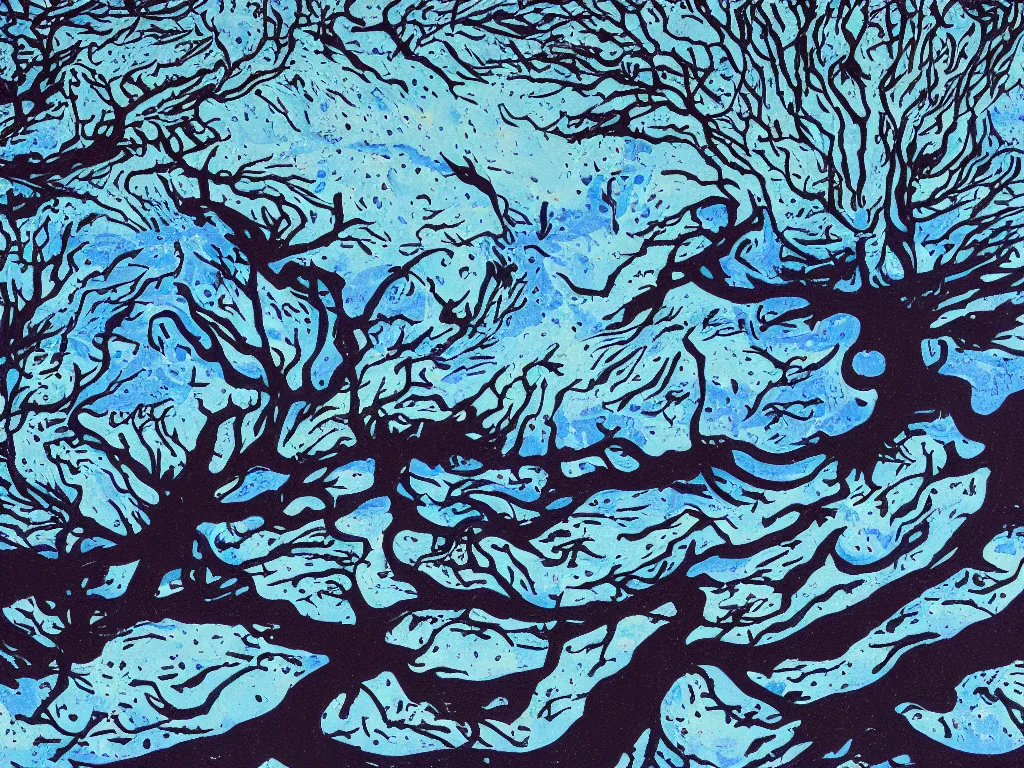 Prompt: a vast icy blue landscape spoiled by black ink squid squirting fluorescent liquid in the abyss, flat design, screen print by jeffrey smith and Yves Klein, in the foreground is a dead tree with fallen leaves