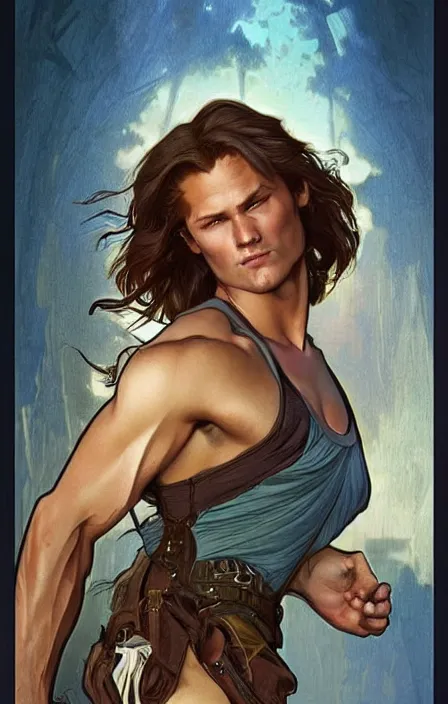 Image similar to pretty muscular sam winchester as a character in romance book art design, character concept, sharp focus!, ultra detailed, art by artgerm alphonse mucha, wlop