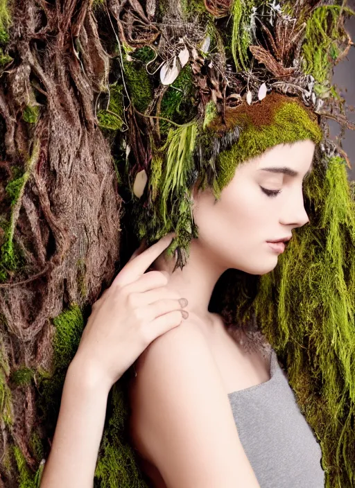 Prompt: a photo of a female model, organic headpiece with ornaments, dried fern, dried vines, horn, dried moss, fashion photography, realistic, hyperdetails, dark grey backdrop studio, body draped in moss, costume made of tree bark and moss, skin painted with green