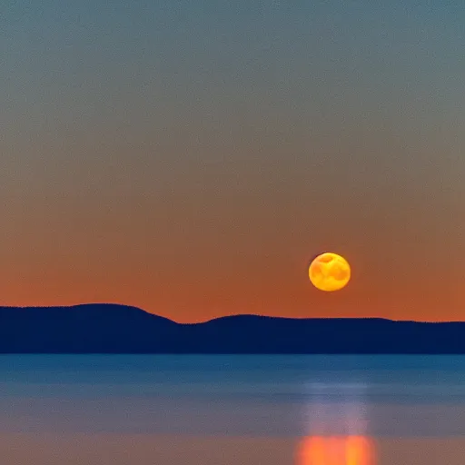 Image similar to orange full moon rising over the lake horizon at night, photograph, iso 1 0 0 0