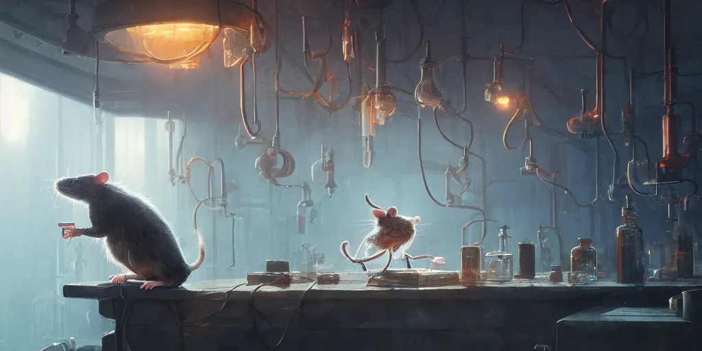 Image similar to rat sitting on a desk in a laboratory with lots of flasks filled with magic liquids and poisonous fog, stephen bliss, unreal engine, fantasy art by greg rutkowski, loish, rhads, ferdinand knab, ilya kuvshinov, rossdraws, tom bagshaw, global illumination, radiant soft light, detailed and intricate environment