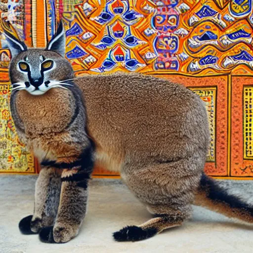 Image similar to cute fluffy caracal as mexican talavera, louvre, istock