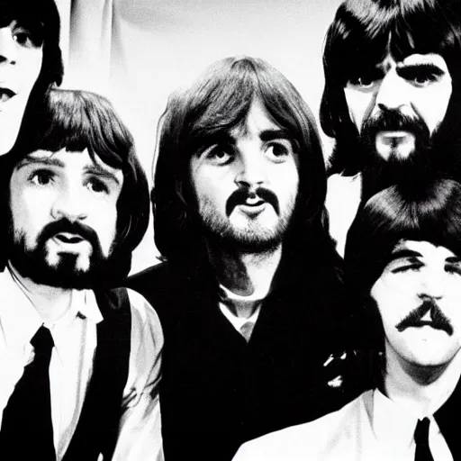 Image similar to charles manson singing with the beatles, black and white, high quality photography, realistic, detailed, uncropped, realistic face,