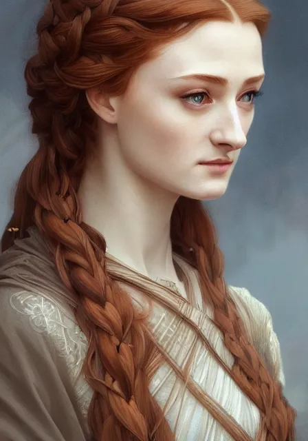 Image similar to portrait of sansa stark with long hair, intricate, elegant, highly detailed, digital painting, artstation, concept art, smooth, sharp focus, illustration, art by artgerm and greg rutkowski and alphonse mucha and william - adolphe bouguereau