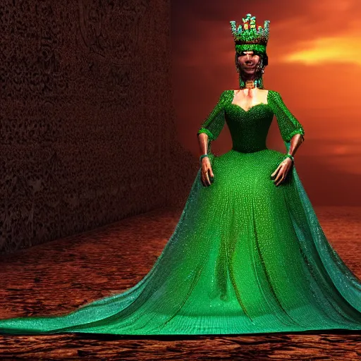 Prompt: a queen in an emerald dress covered in jewels looking off into the distance, octane render, unreal engine, 4k