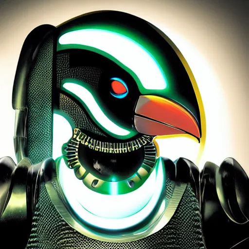 Prompt: toco toucan wearing futuristic cybernetic battle armour, dramatic lighting, portrait, realistic reflections